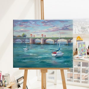 Augustine Moderne Kunst - Original Ölgemälde - Brücke der Löwen 16x20 &quot;Leinwandbild - Boot Malerei