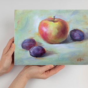 Still Life Oil Painting Apple and Plums Christmas Gift Original Oil Art