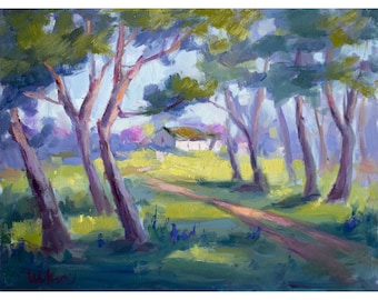 May include: A painting of a rural landscape with a dirt road leading to a small white house in the distance. The road is lined with trees on both sides, and the sky is a soft blue. The painting is done in a loose, impressionistic style, with brushstrokes visible throughout.