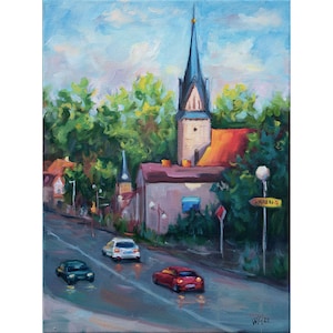 City Original Oil Painting Cityscape Artwork Sunset Сhurch Architecture Wall Art Street Unique Art Gift Custom Large Oil Painting