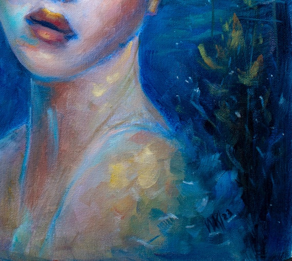 Oversized Blue Oil Painting: Abstract Woman Portrait, Contemporary