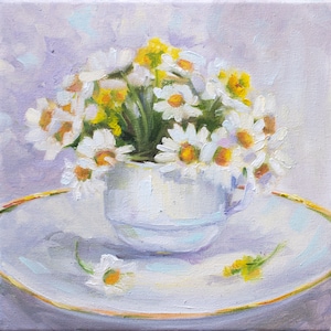 White Flowers Original Oil Painting, Camomiles Bouquet Artwork on Canvas, Christmas Gift, Floral Still Life