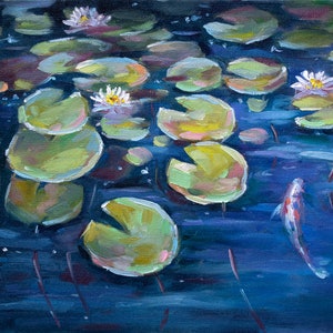 Water Lily and Koi Fish - Original Oil Painting - Christmas Gift - Monet Pond Artwork