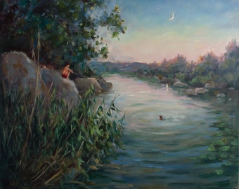 River Landscape - Original Oil Painting - Gift for Him - Night Painting - Room Wall Decor