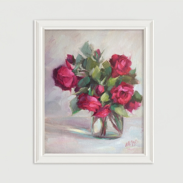 Red Roses in Glass Vase - Valentines Day Gift - Original Oil Painting - Christmas Gift - Floral Wall Decor