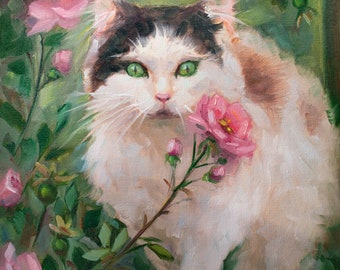 Cat with Roses Oil Painting - Pet Portrait Original Artwork - Animal Art - Flowers Painting
