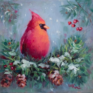 Weihnachtskunst - Roter Vogel Original Ölgemälde - Weihnachtsgeschenk - Winter Wanddekor