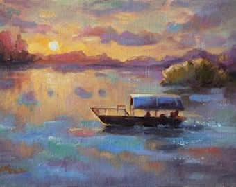 River Landscape with Boat on Sunset - Original Oil Painting - Ukrainian Art - Room Wall Decor