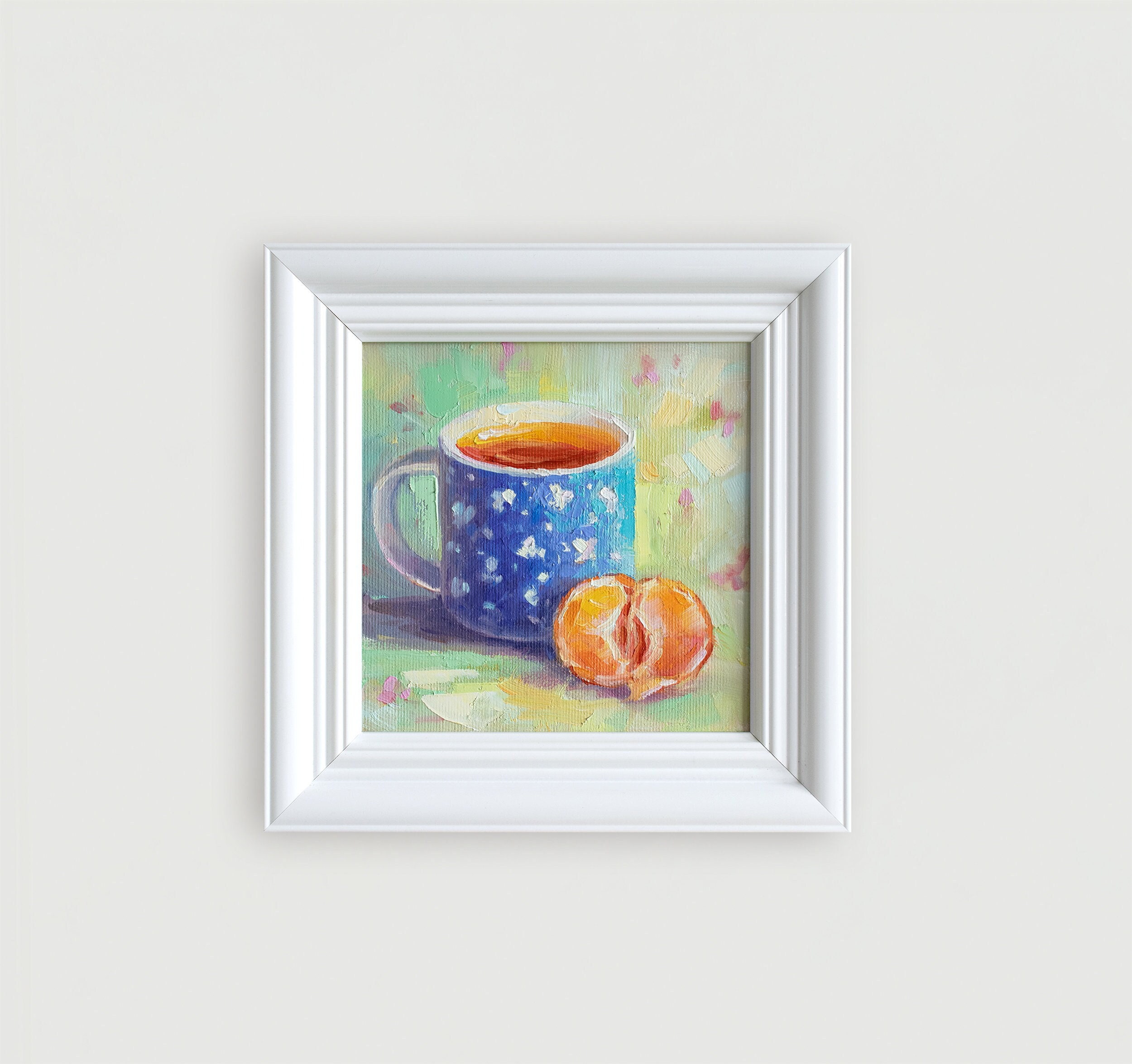 Original Still Life Oil Painting: Cup and Mandarin, Framed 6x6