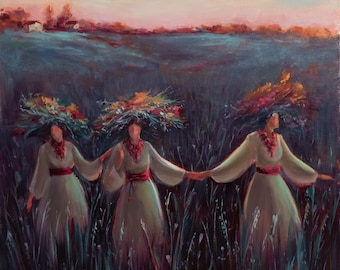 Ukraine Mädchen Original Ölgemälde - Nacht Landschaft - Ukrainische Volkskunst - Abstrakte Wanddekoration