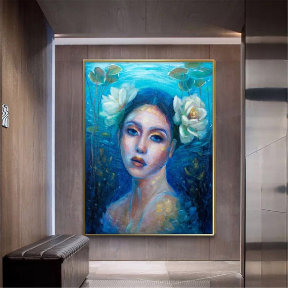 Oversized Blue Oil Painting: Abstract Woman Portrait, Contemporary