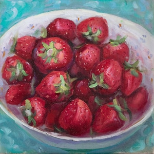 Summer Art - Strawberries Original Oil Painting - Kitchen Wall Decor