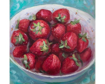 いちごの油絵：静物画 オリジナルキッチン装飾（8x8） - Etsy 日本