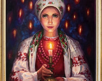 Ukraine Mädchen Original Ölgemälde - Ukrainische Frau Porträt mit Kerze und ethnischer Kleidung - Volkskunst - Symbol Ukraine