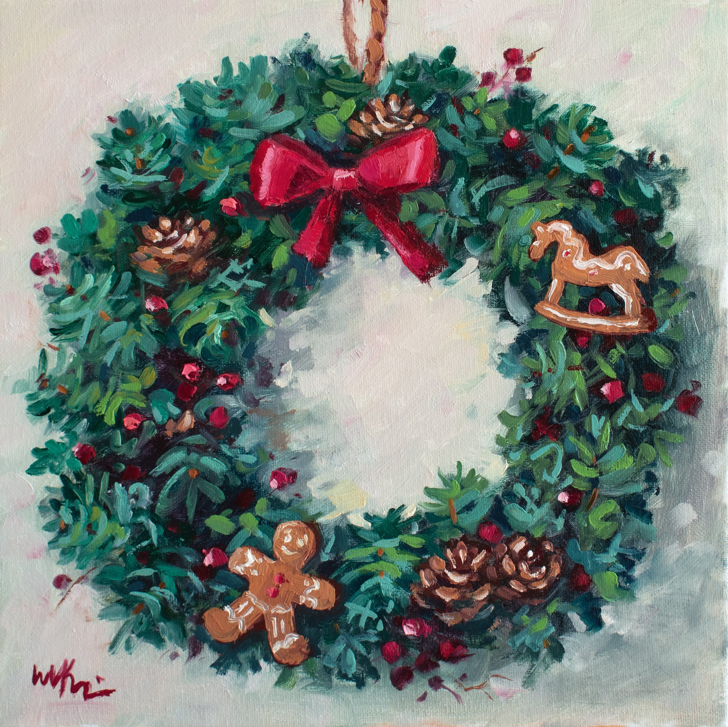 クリスマスリース：12インチ×12インチのキャンバスに描いたクリスマス