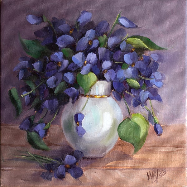 Veilchen Blumen - Original Ölgemälde - Muttertagsgeschenk - Blaue Blumenstrauß Malerei - Blumen in Vase Original Kunstwerk