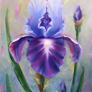 Iris Painting on Canvas Purple Iris Artwork Blue Flower Oil Painting Mothers Day Gift Vertical Wall Decor Floral Modern Art Personalised Art