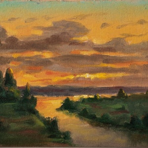Sunset Landscape - Original Oil Painting - Framed Artwork - Room Wall Decor