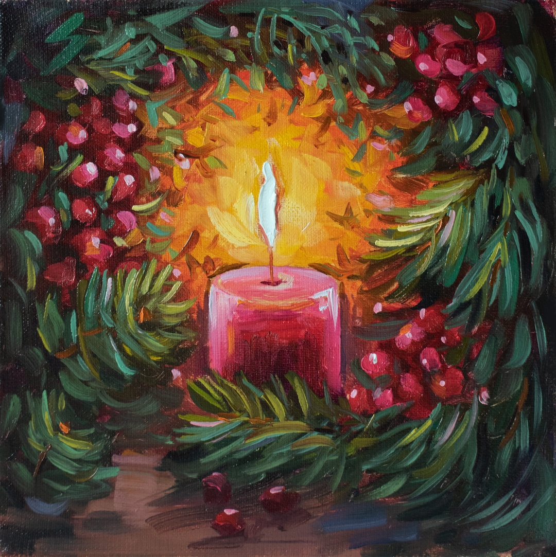 クリスマスキャンドルの油絵：赤いベリーと松のリース、8x8 印象派