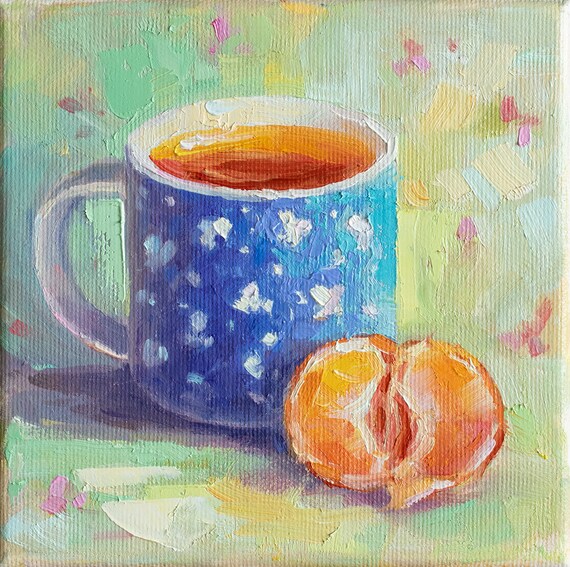 Original Still Life Oil Painting: Cup and Mandarin, Framed 6x6