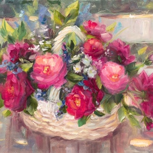 Roses Oil Painting Plein Air White Basket Red Flowers Original Oil Art Still Life Painting