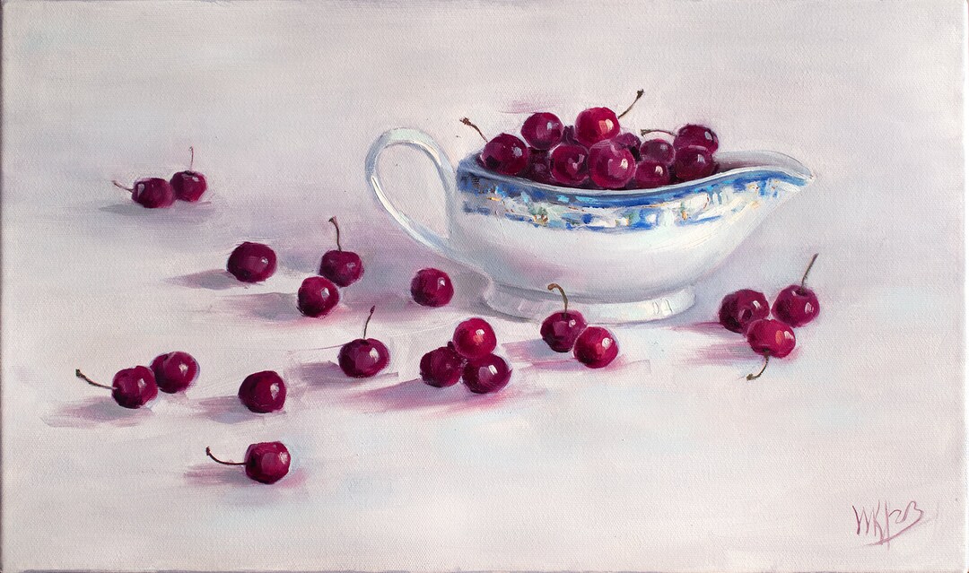Cherry and Vintage Gravy Boat Christmas Gift Original Oil Painting