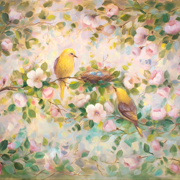 Oiseaux sur nid peinture à l’huile Apple fleurs oeuvre originale oiseaux jaunes Unique Art Floral grand Art moderne