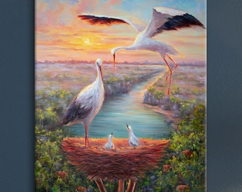 Ukraine Original Oil Painting - Storks On Nest Artwork - Ukrainian Landscape - Symbol Ukraine