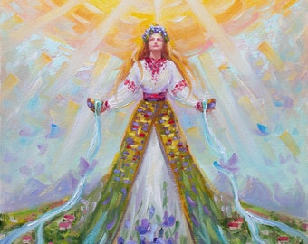 Ukrainische Kunst - Original Ölgemälde - Frühlingsgöttin LELYA in der ethnischen Kleidung - Symbol Ukraine