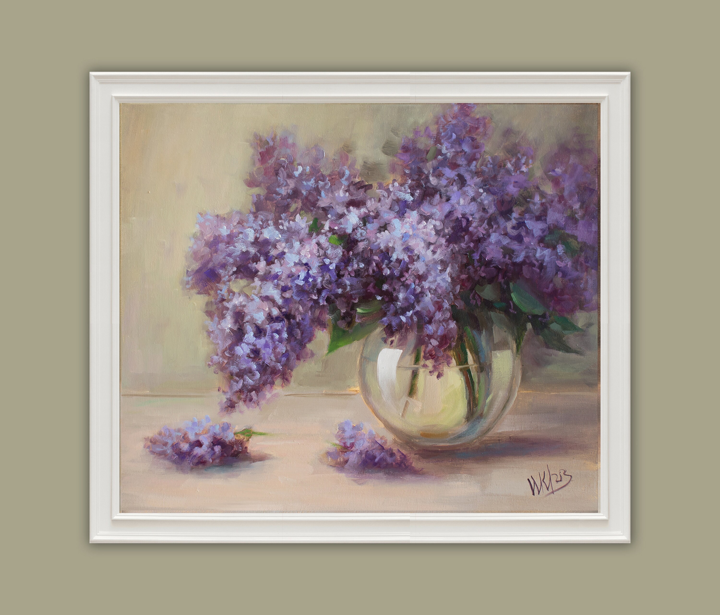Purple Lilac in Glass Vase Original Oil Painting Lilac Flowers Bouquet ...