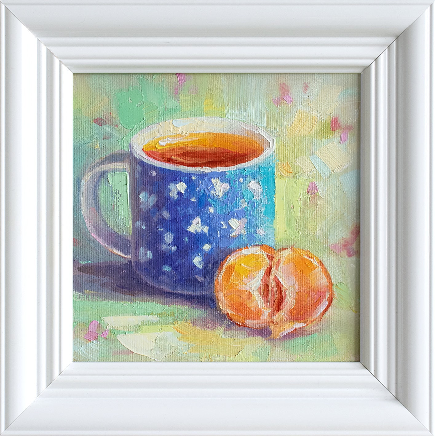 Original Still Life Oil Painting: Cup and Mandarin, Framed 6x6