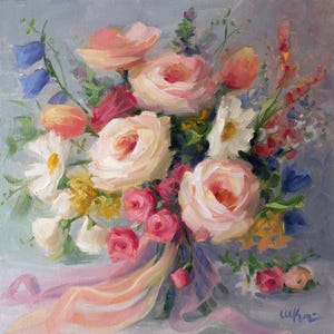抽象的なバラの絵画：オリジナルの花のアート、5x5インチのテーブル