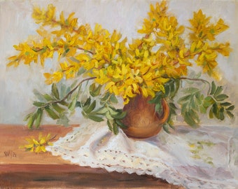 Yellow Flowers In Vase - Forsythia Original Oil Painting - Mother's Day Gift - Floral Modern Art