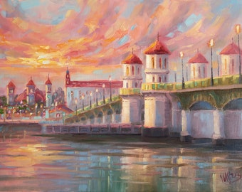 Custom Order Bridge of Lions Oil Painting Colourful Florida Bridge Large Artwork ST Augustine Original Impressionist Art American Landscape