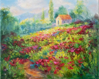 Landscape Original Oil Painting Mothers Day Gift Tuscany Poppies Field Artwork France Flowers Impasto Painting Unique Gift for Mom