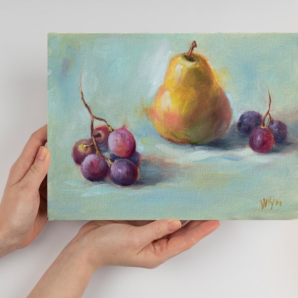 Fruits Art - Grapes Oil Painting - Yellow Pear Artwork - Kitchen wall Decor