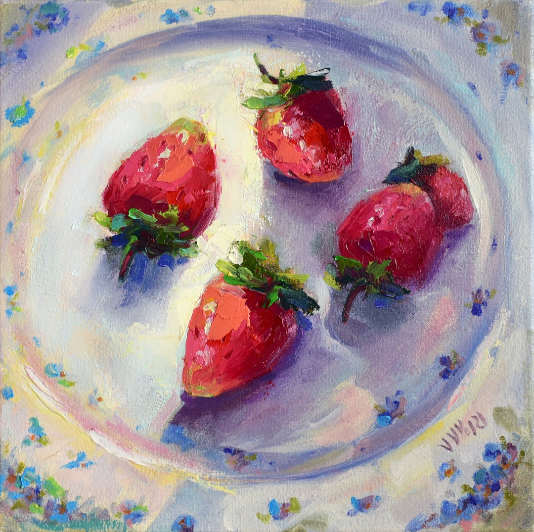 白い皿の上のイチゴの油絵 静物画 オリジナルアート 赤いベリー