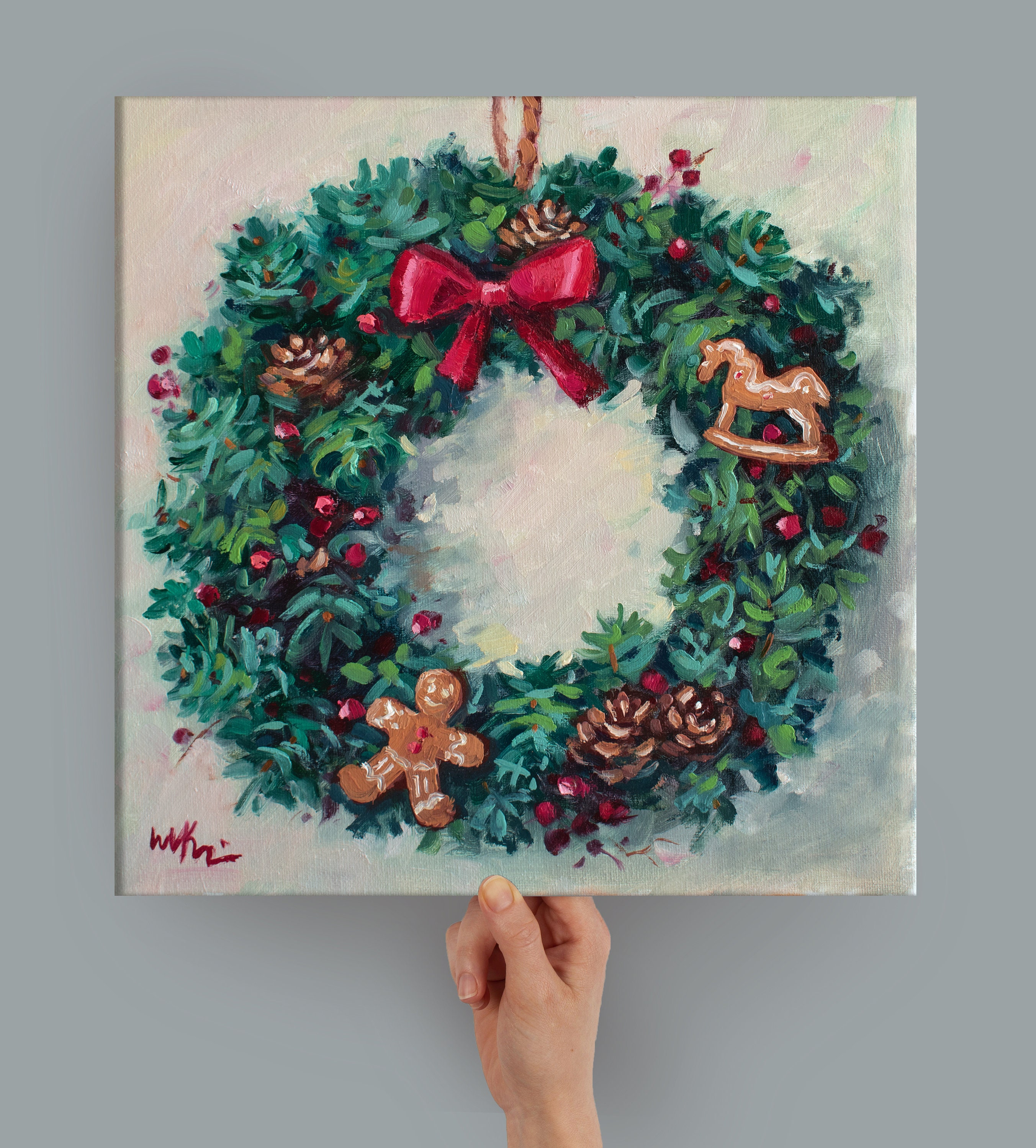 クリスマスリース：12インチ×12インチのキャンバスに描いたクリスマス