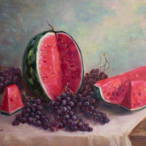 Watermelon and Grapes - Original Oil Painting - Fruits Still Life  - Kitchen Wall Decor
