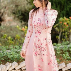 Vietnamese traditional silk dress flower Ao dai Pink đính ngọc ( áo dài truyền thống ), Ao Dai for Girls, Ao Dai for Women, Ao Dai Tet