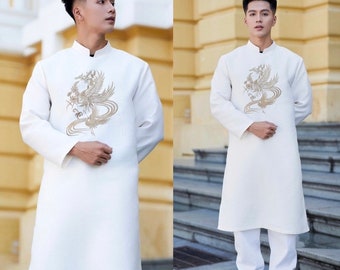 Pre-made Vietnam Ao Dai For Men white, Wedding Ao Dai For Men, Men Ao Dai Wedding, Ao Dai Chu Re, Ao Dai Nam
