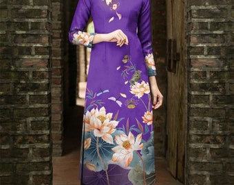 Vietnamese silk dress little flower (áo dài cách tân  ) Ao dai Wedding, Ao Dai for Girls, Ao Dai for Women, Ao Dai Tet Viet Nam