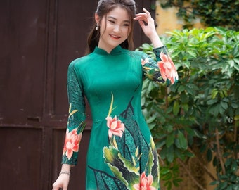 Robe vietnamienne en soie Ao dai verte (áo dài truyền thống 3D) Mariage Ao dai, filles Ao dai, femmes Ao dai, Ao dai Tet Viet Nam