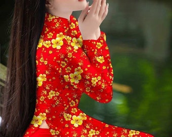 Robe vietnamienne en soie petite fleur (áo dài truyền thống 3D) Mariage Ao dai, Ao Dai pour filles, Ao Dai pour femmes Xinh, Ao Dai Tet Viet Nam