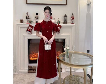 Robe vietnamienne Ao dai rouge (áo dài cách tân đỏ cao cấp ) Mariage Ao dai, Ao Dai pour filles, Ao Dai pour femmes, Ao Dai Tet Viet Nam