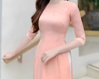 Pre-made: Vietnamese Ao dai silk dress pink (áo dài đính đá  ) Ao dai Wedding, Ao Dai for Girls, Ao Dai for Women, Ao Dai Tet Viet Nam