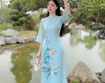 Vietnamese Ao dai silk blue dress (áo dài cách tân lụa xinh ) Ao dai Wedding, Ao Dai for Girls, Ao Dai for Women, Ao Dai Tet Viet Nam