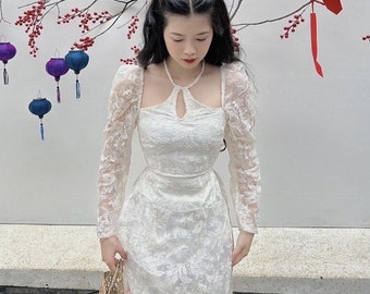 Pre-made: Vietnamese Ao dai silk beautiful (áo dài cách tân ren kem  ) ,For wedding, Ao Dai for Girls, Ao Dai for Women, Ao Dai Viet Nam