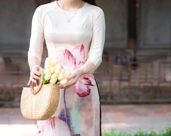 Robe en soie traditionnelle vietnamienne fleur Ao dai Rose đính ngọc ( áo dài truyền thống xinh ), Ao Dai pour les filles, Ao Dai pour les femmes, Ao Dai Tet