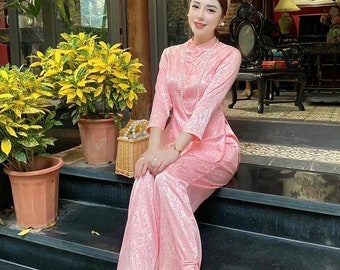 Bộ đồ đi chùa Vietnamese silk pink  (áo dài bà ba hoạ tiết  ) Ao dai Wedding, Ao Dai for Girls, Ao Dai for Women, Ao Dai Tet Viet Nam